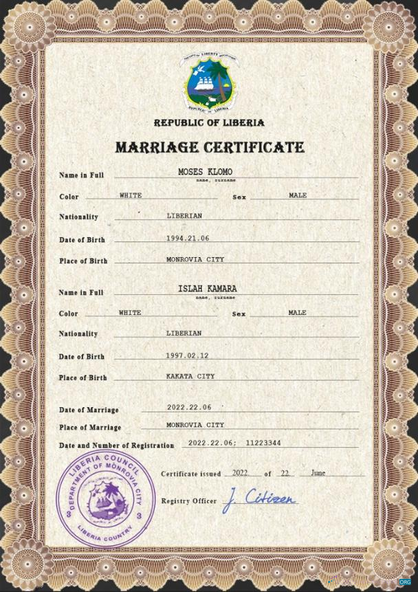 Download Liberia marriage certificate PSD template Photoshop template